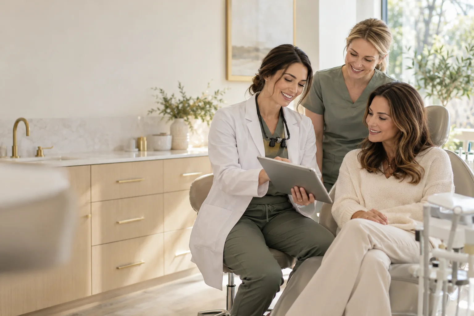 Cena ilustrativa: duas dentistas conversam com uma paciente em uma clínica clara